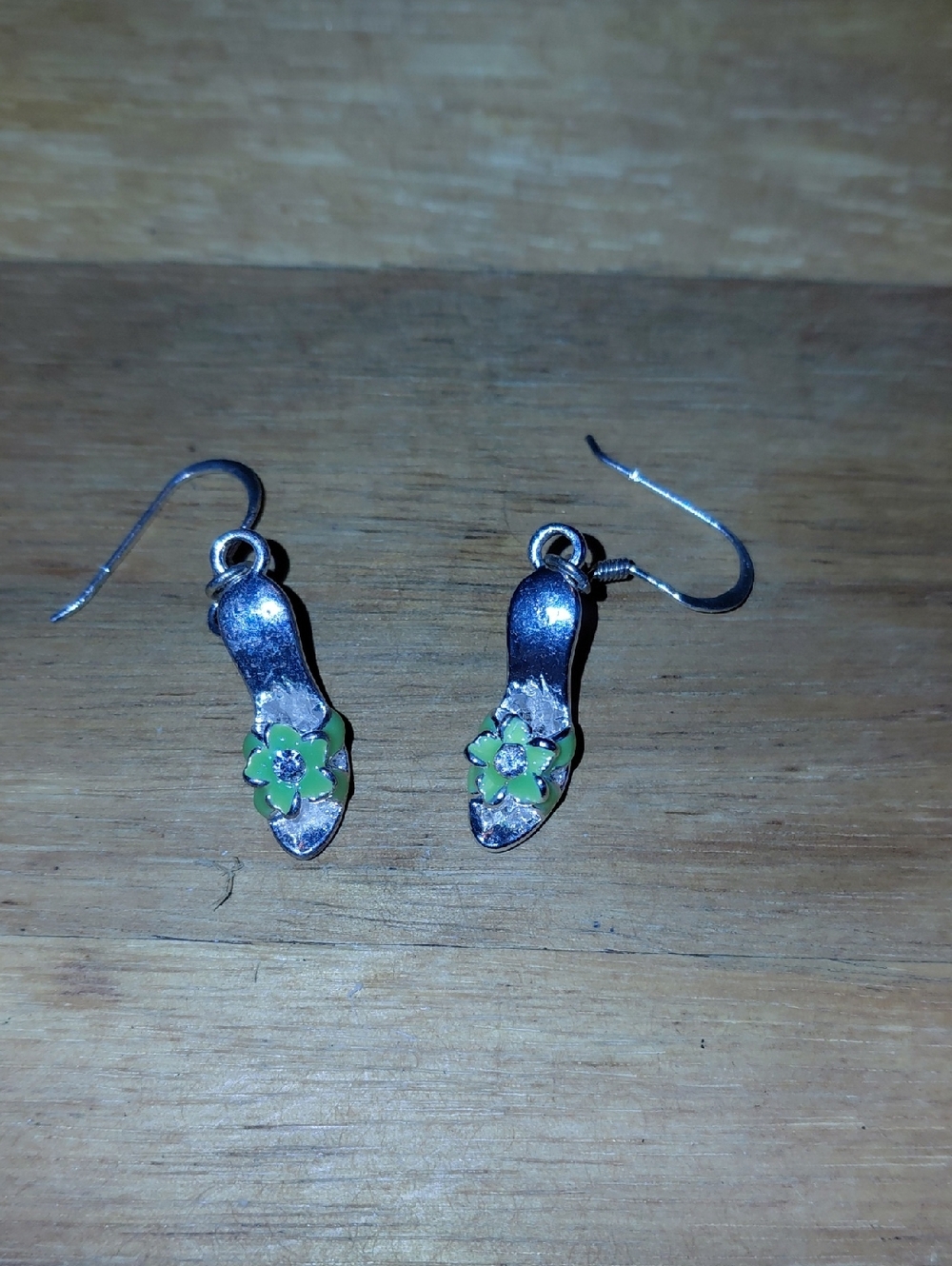 Silver Floral Dangle Earrings with Green Enamel Flower